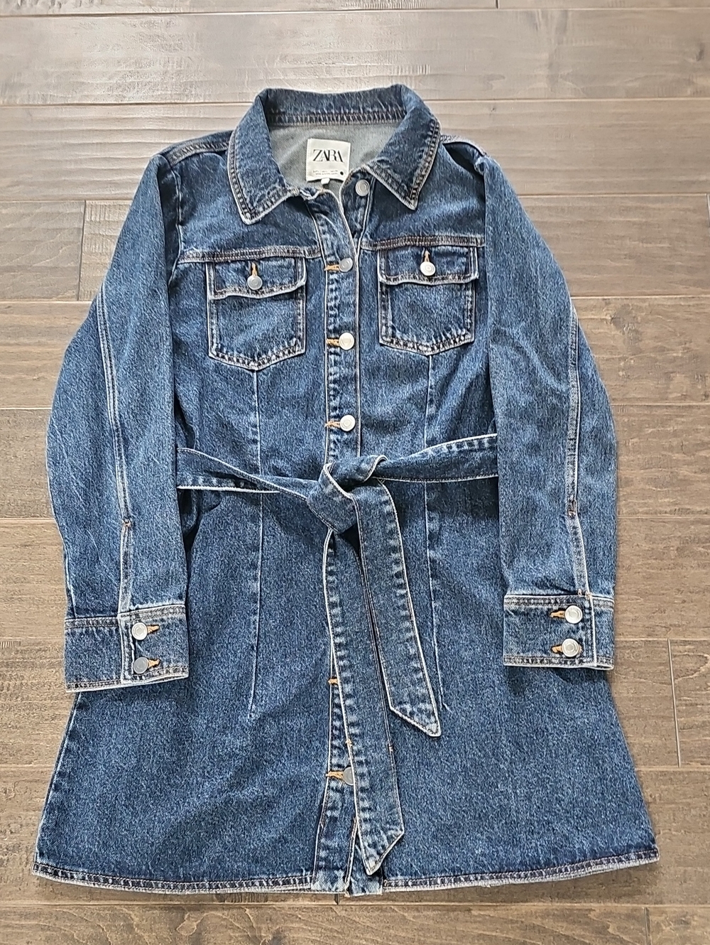 ZARA Dark Blue Denim Button-Front Jacket Dress with Tie - Sz Large - Picture 9 of 10